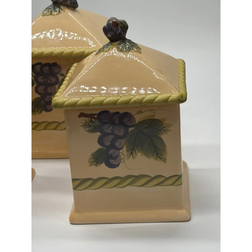 WCL Vintage Ceramic Grape Canister Set 3 Piece Tuscan Kitchen Decor Cream Purple